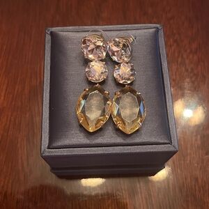 AMBER & CLEAR CZ STONE DROP/DANGLE PIERCED EARRINGS. NEW. 1 1/2” DROP.